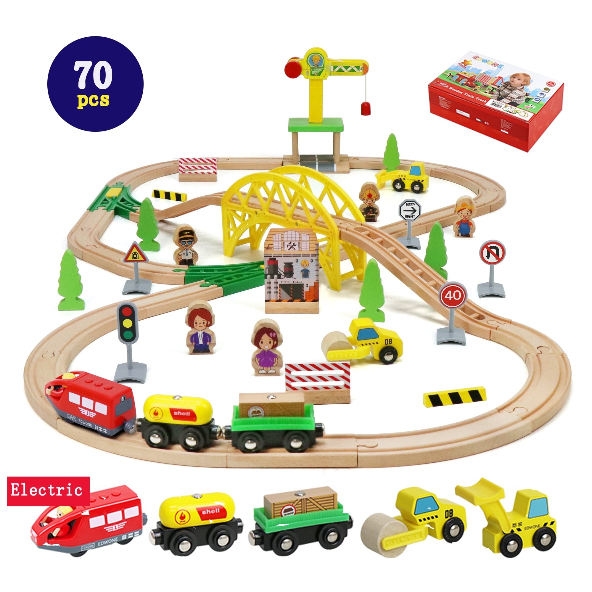 FPCYCG 70PCS Wooden Train Set with Tracks Trains Toys for Kids Toddlers